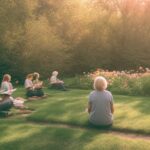 women and men of 40 years reading books being mindfulness in a garden with flowers without industry around