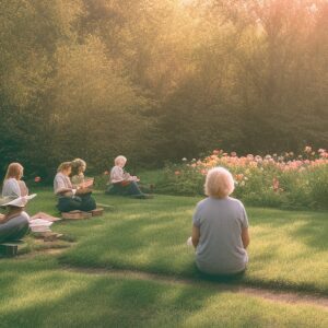 women and men of 40 years reading books being mindfulness in a garden with flowers without industry around