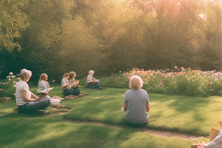 women and men of 40 years reading books being mindfulness in a garden with flowers without industry around