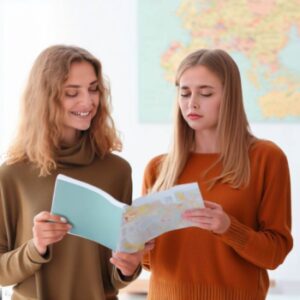 Two grils speaking and reading book vlaams - Nederlands